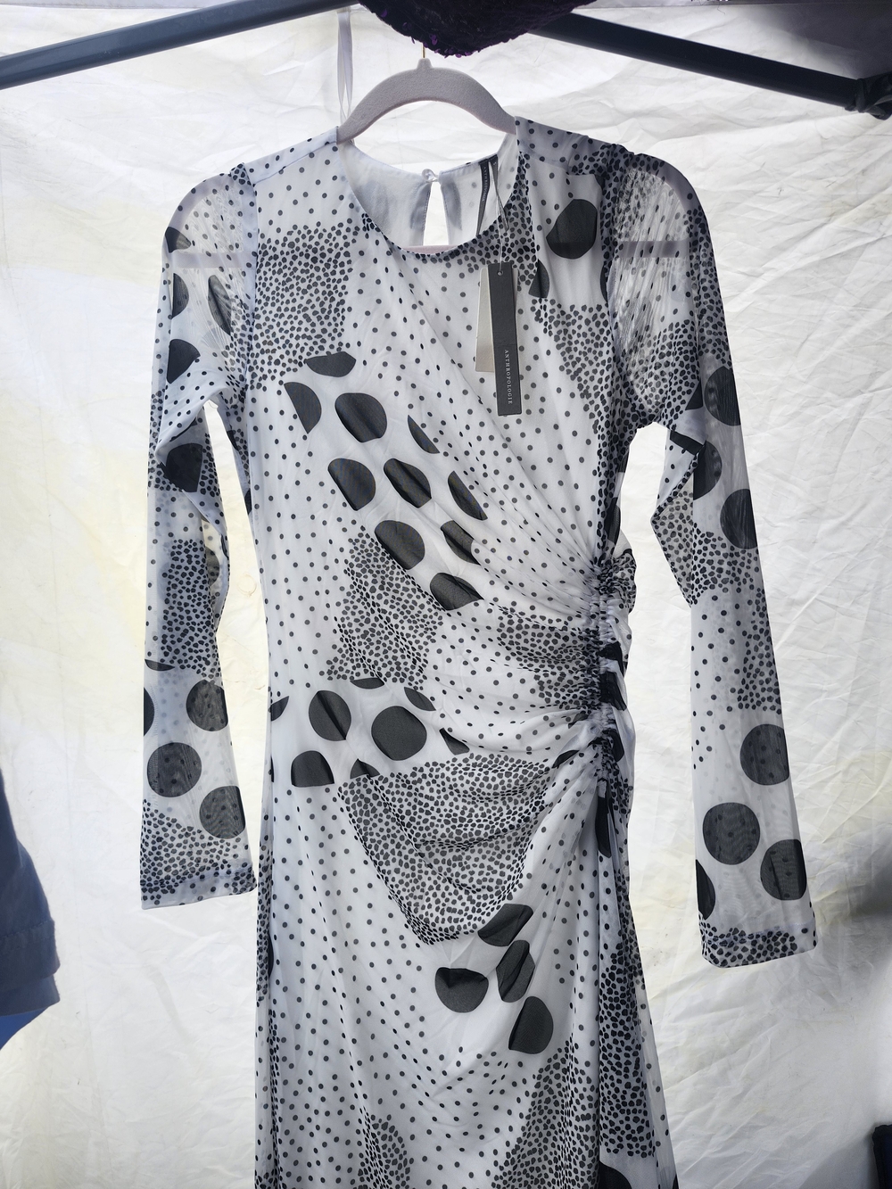 Anthropologie Black and White Long-Sleeve Ruched Wrap-Style Dress